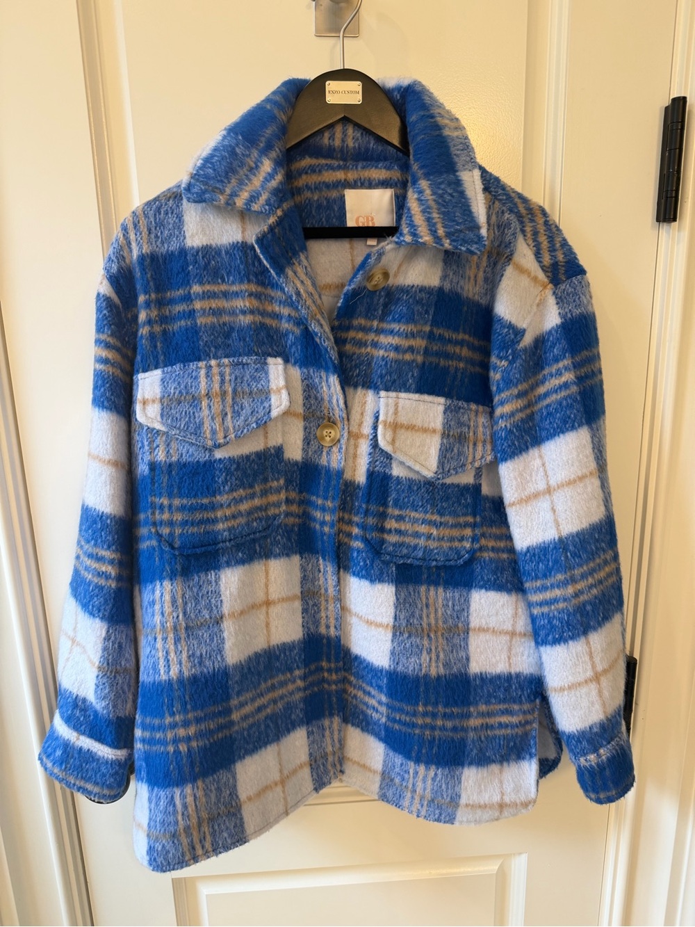 Gianni Bini Blue, White & Tan Plaid Coat